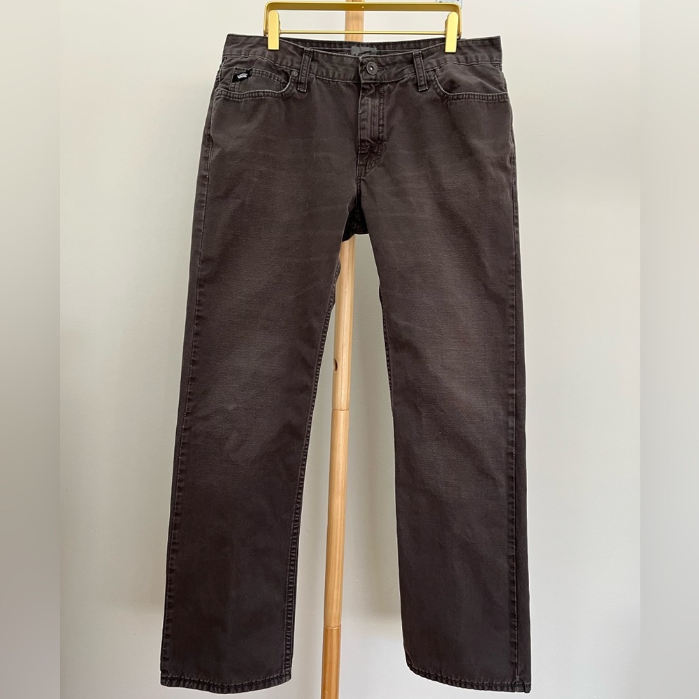Vintage 2012 Vans Authentic Chino Pants Brown Size 34 Slim Metal Skateboard Logo